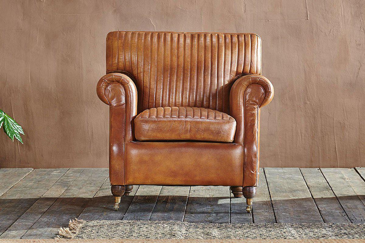 Nkuku Narwana Ribbed Leather Armchair Aged Tan