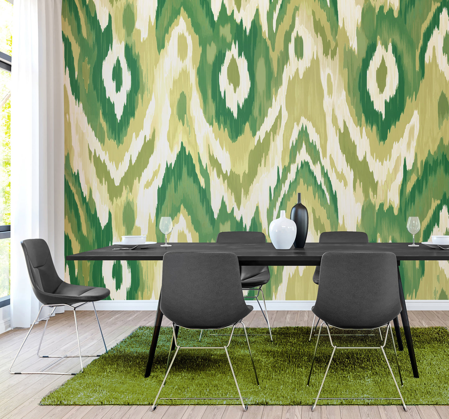Origin Murals Watercolour Ikat Forest Green 350cm X 280cm