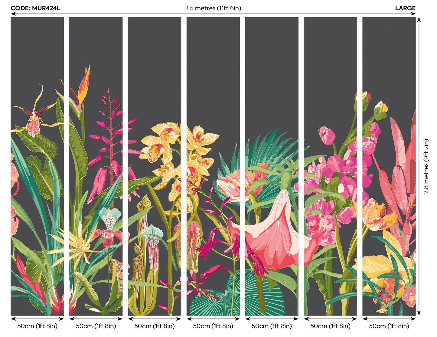 Origin Murals Tropical Foliage Charcoal Ruby 350cm X 280cm