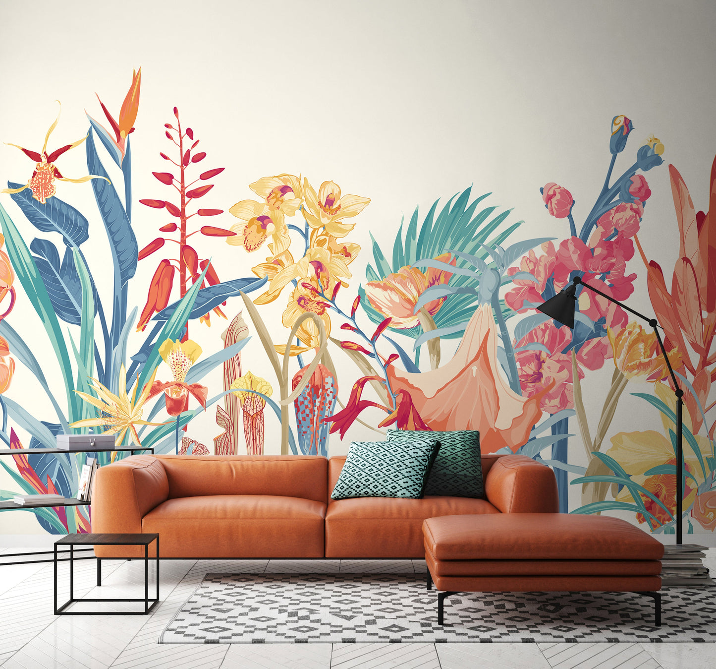 Origin Murals Tropical Foliage Petrol And Coral 300cm X 240cm