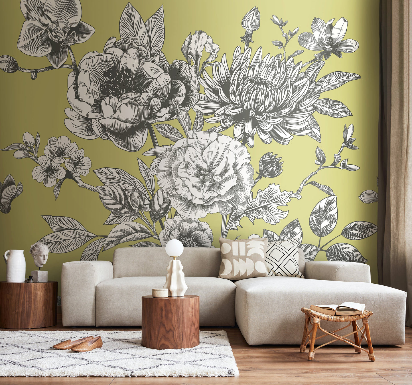 Origin Murals Rose Toile Apple Green 350cm X 280cm