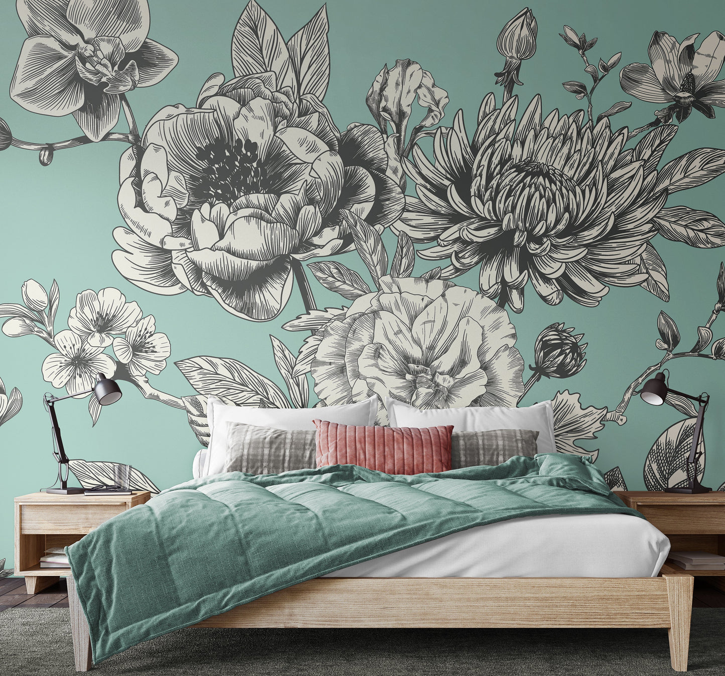 Origin Murals Rose Toile Seafoam 350cm X 280cm