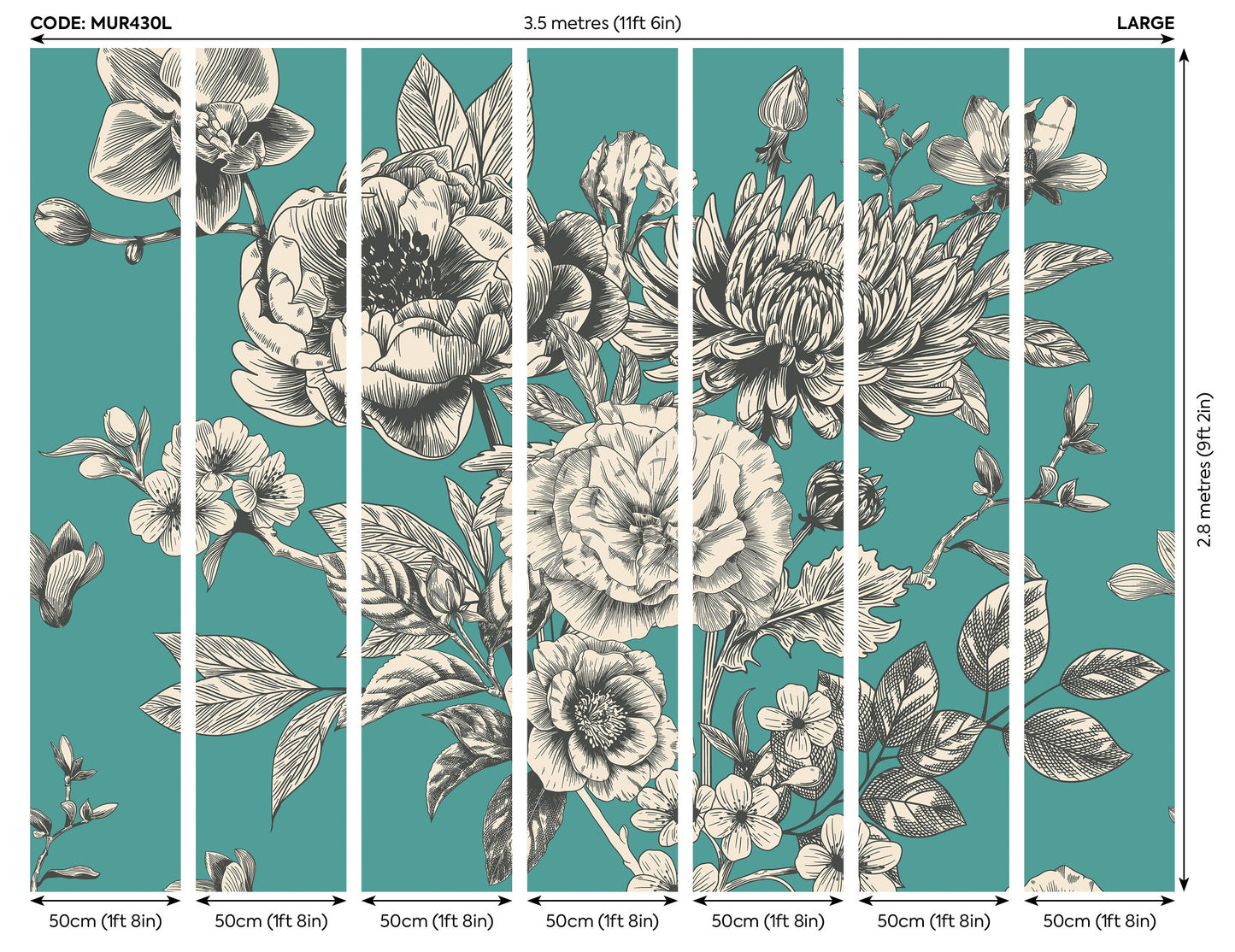 Origin Murals Rose Toile Teal Blue 350cm X 280cm