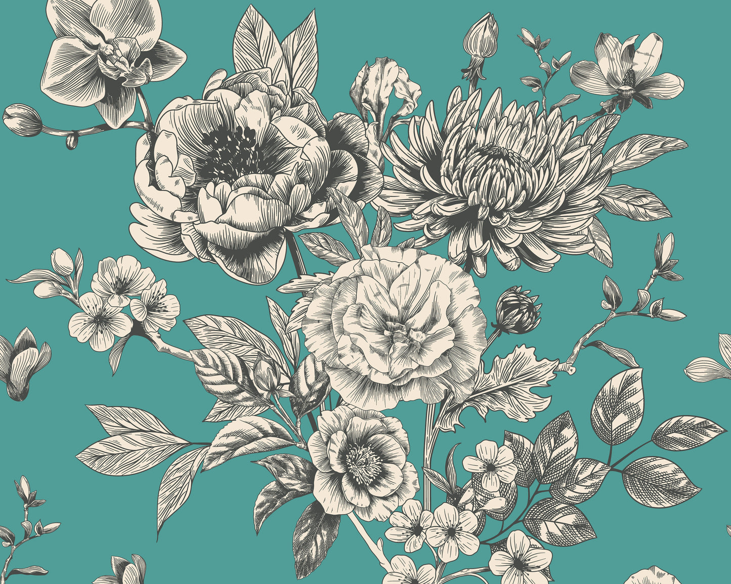 Origin Murals Rose Toile Teal Blue 350cm X 280cm