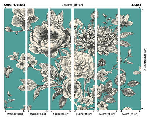 Origin Murals Rose Toile Teal Blue 300cm X 240cm