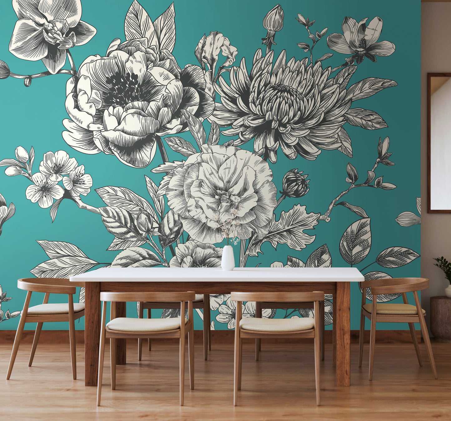 Origin Murals Rose Toile Teal Blue 300cm X 240cm
