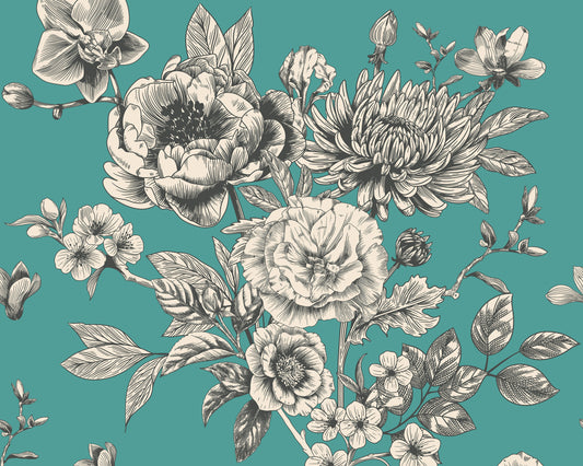 Origin Murals Rose Toile Teal Blue 300cm X 240cm