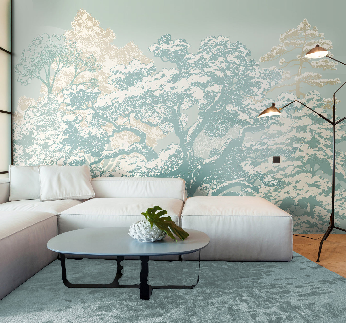 Origin Murals Etched Trees Duck Egg Blue 350cm X 280cm