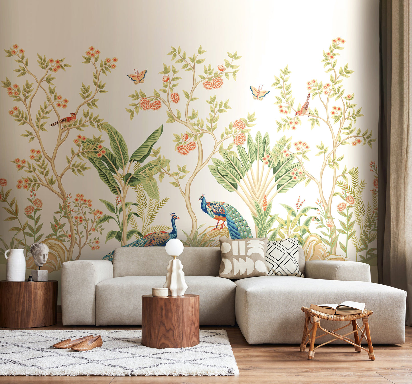 Origin Murals Peacock Garden Sage Apricot 300cm X 240cm