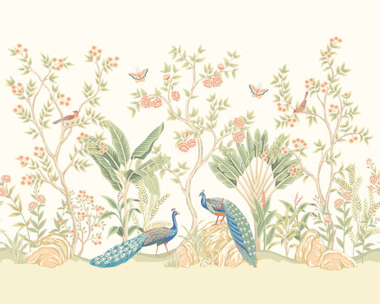 Origin Murals Peacock Garden Sage Apricot 300cm X 240cm