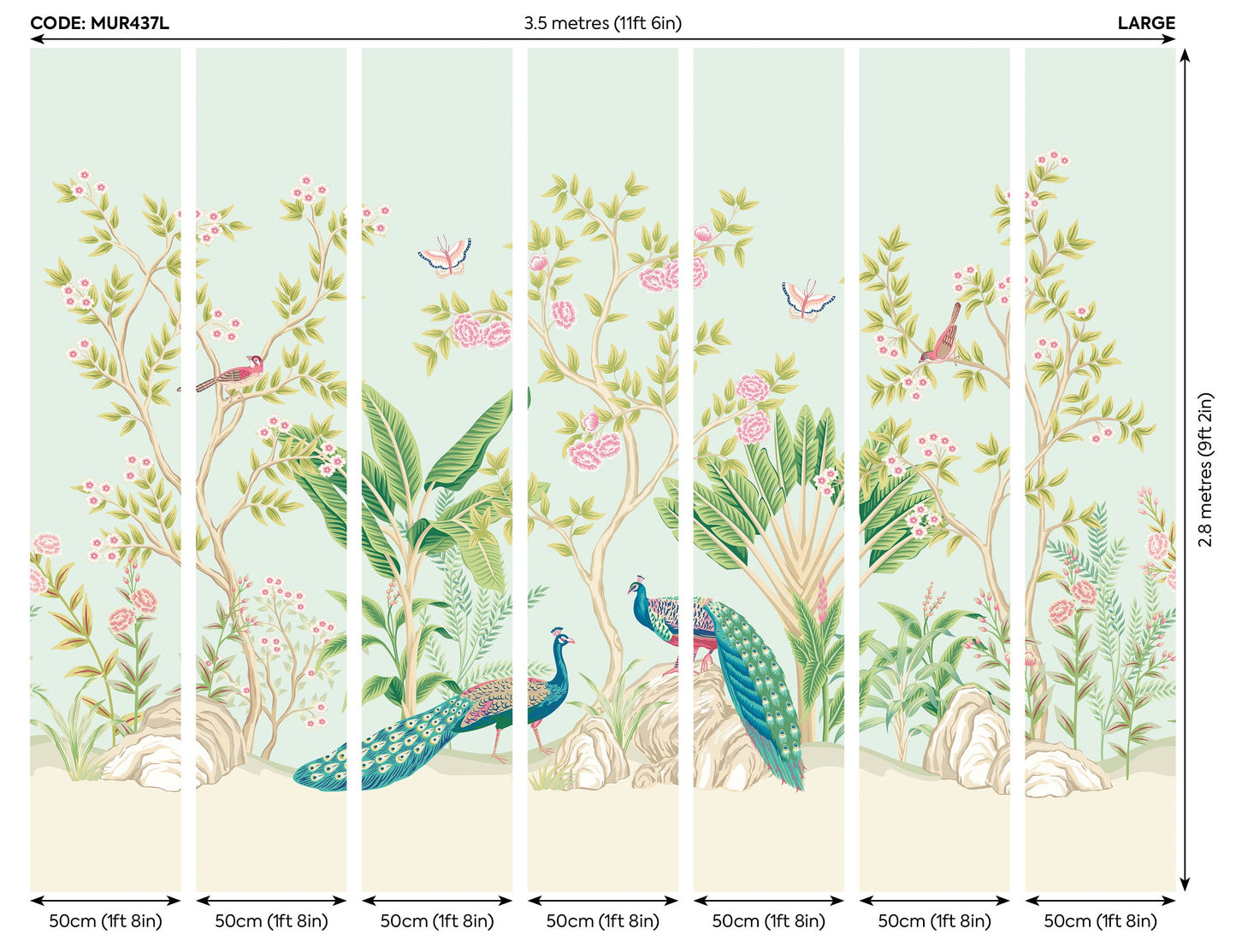 Origin Murals Peacock Garden Duck Egg Rose 350cm X 280cm