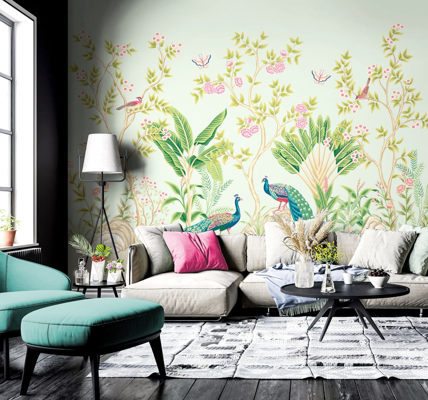 Origin Murals Peacock Garden Duck Egg Rose 350cm X 280cm