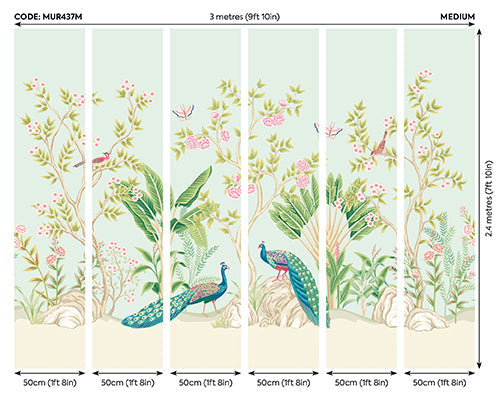 Origin Murals Peacock Garden Duck Egg Rose 300cm X 240cm