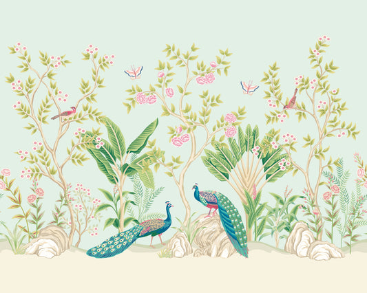 Origin Murals Peacock Garden Duck Egg Rose 300cm X 240cm
