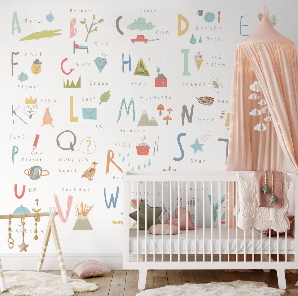 Origin Murals Childrens Alphabet Illustrations Multi Pastel 350cm X 280cm