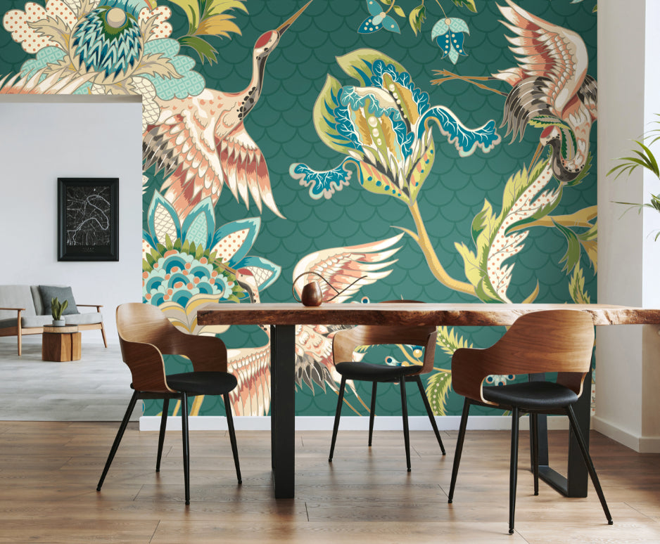 Origin Murals Cranes In Flight Green 300cm X 240cm