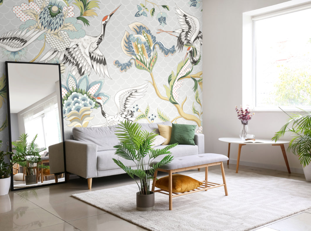 Origin Murals Cranes In Flight Grey 350cm X 280cm