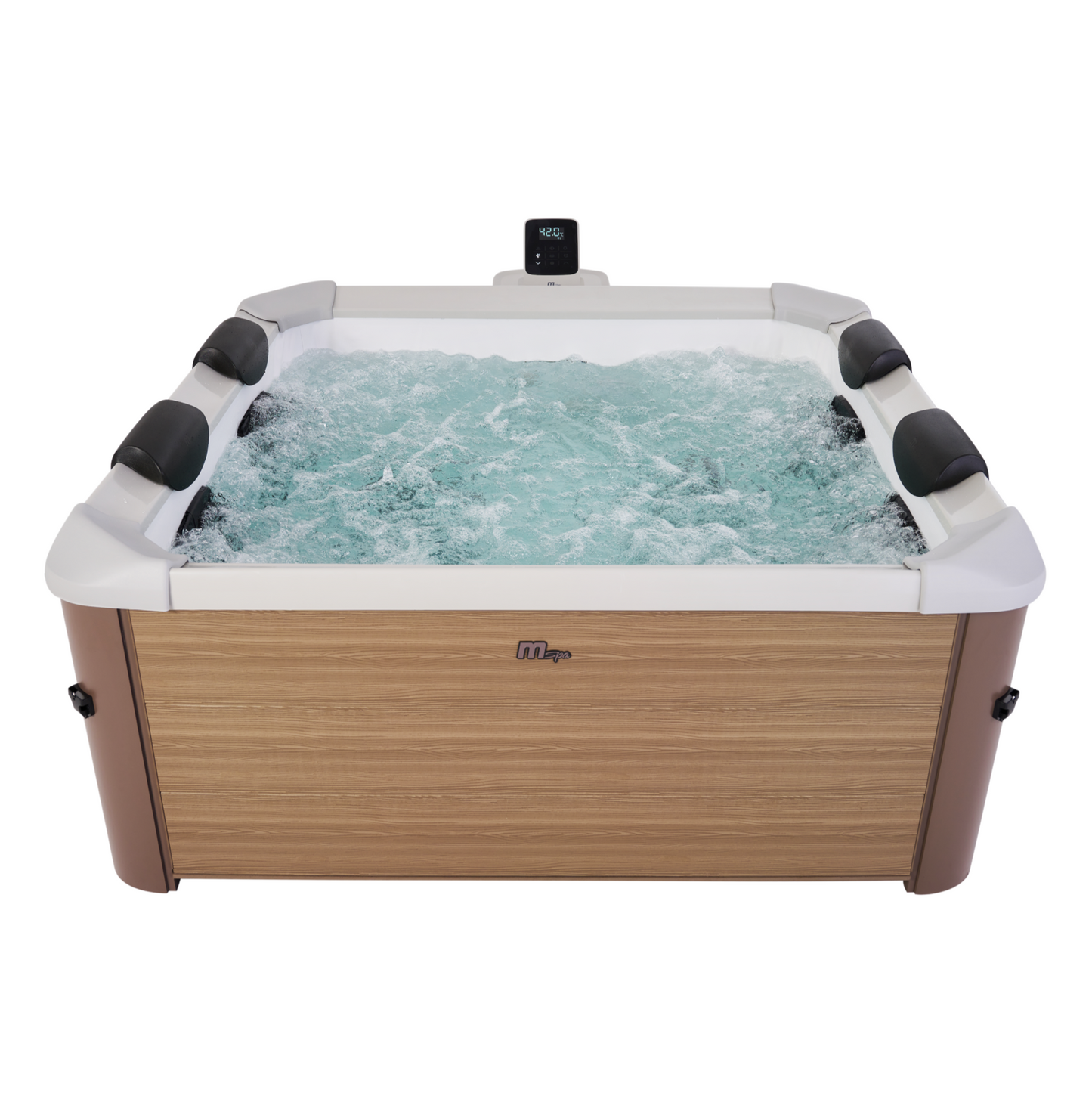 Square portable hard frame hot tub in amber with six black headrests and bubbling water, featuring a digital control panel. - Home Interior Shop - MSpa Oslo 4-6 Person Portable Hard Frame Hot Tub - Amber