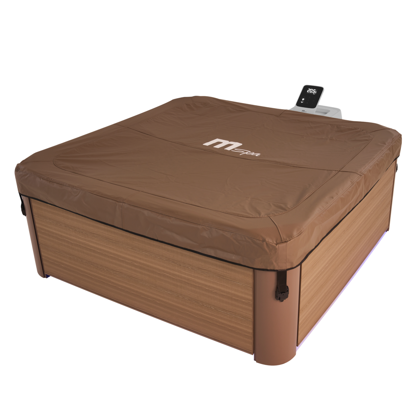 Square portable hot tub with amber wood-textured sides, brown hard frame cover with white mspa logo, and black control panel . - Home Interior Shop - MSpa Oslo 4-6 Person Portable Hard Frame Hot Tub - Amber