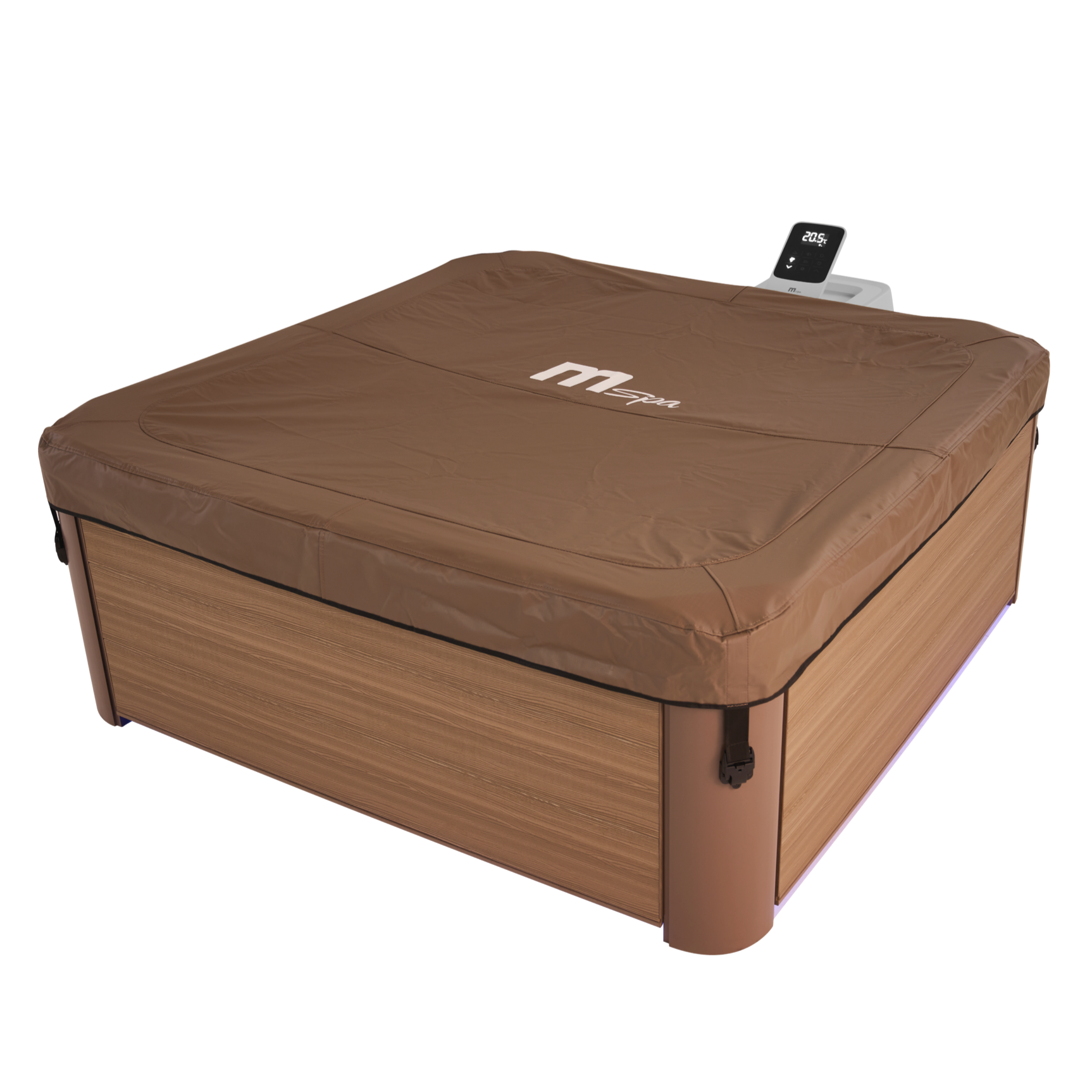 Square portable hot tub with amber wood-textured sides, brown hard frame cover with white mspa logo, and black control panel . - Home Interior Shop - MSpa Oslo 4-6 Person Portable Hard Frame Hot Tub - Amber