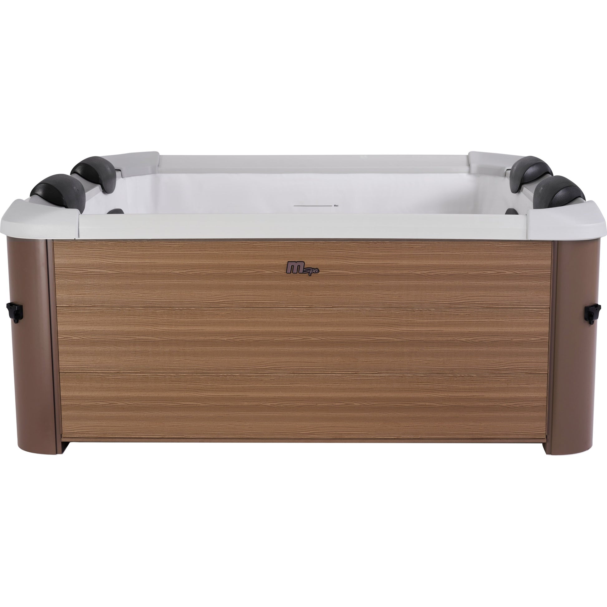 Square portable hot tub with amber wood-grain hard frame and four black headrests inside. - Home Interior Shop - MSpa Oslo 4-6 Person Portable Hard Frame Hot Tub - Amber