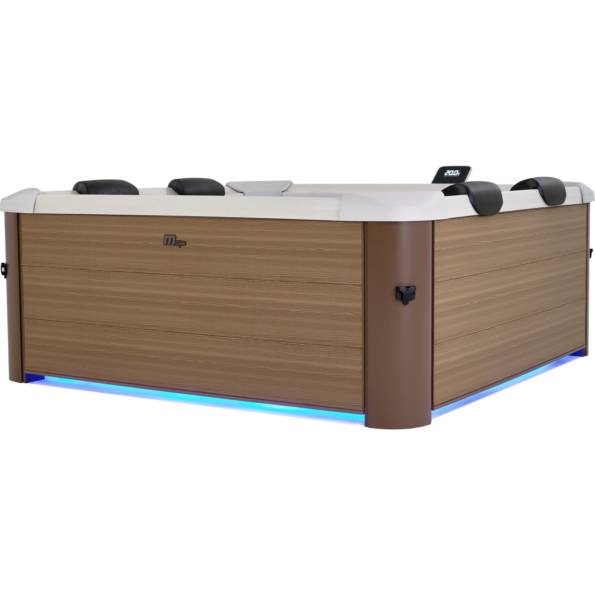 Square portable hot tub with amber wood-look hard frame, white interior, black headrests, and blue LED base lighting. - Home Interior Shop - MSpa Oslo 4-6 Person Portable Hard Frame Hot Tub - Amber