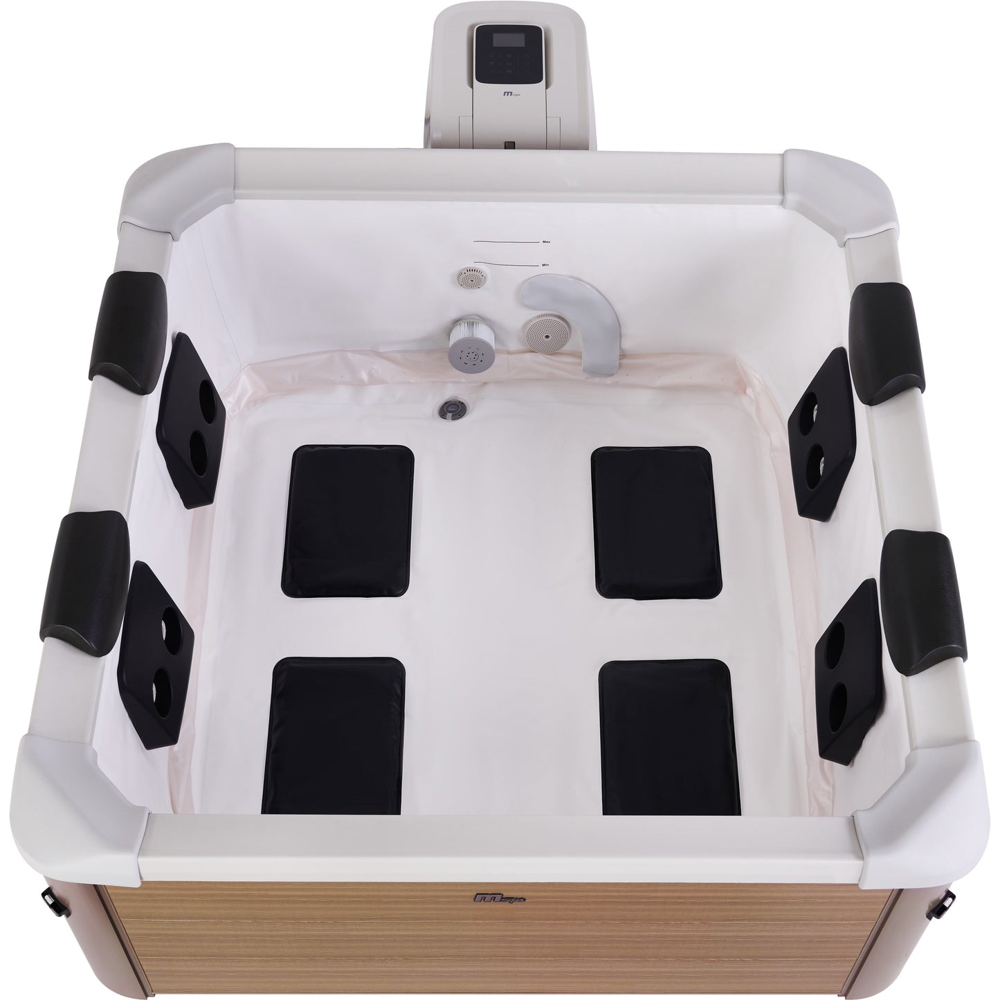 Square portable hot tub with light amber wood-look exterior and white interior, featuring four black cushioned headrests and . - Home Interior Shop - MSpa Oslo 4-6 Person Portable Hard Frame Hot Tub - Amber