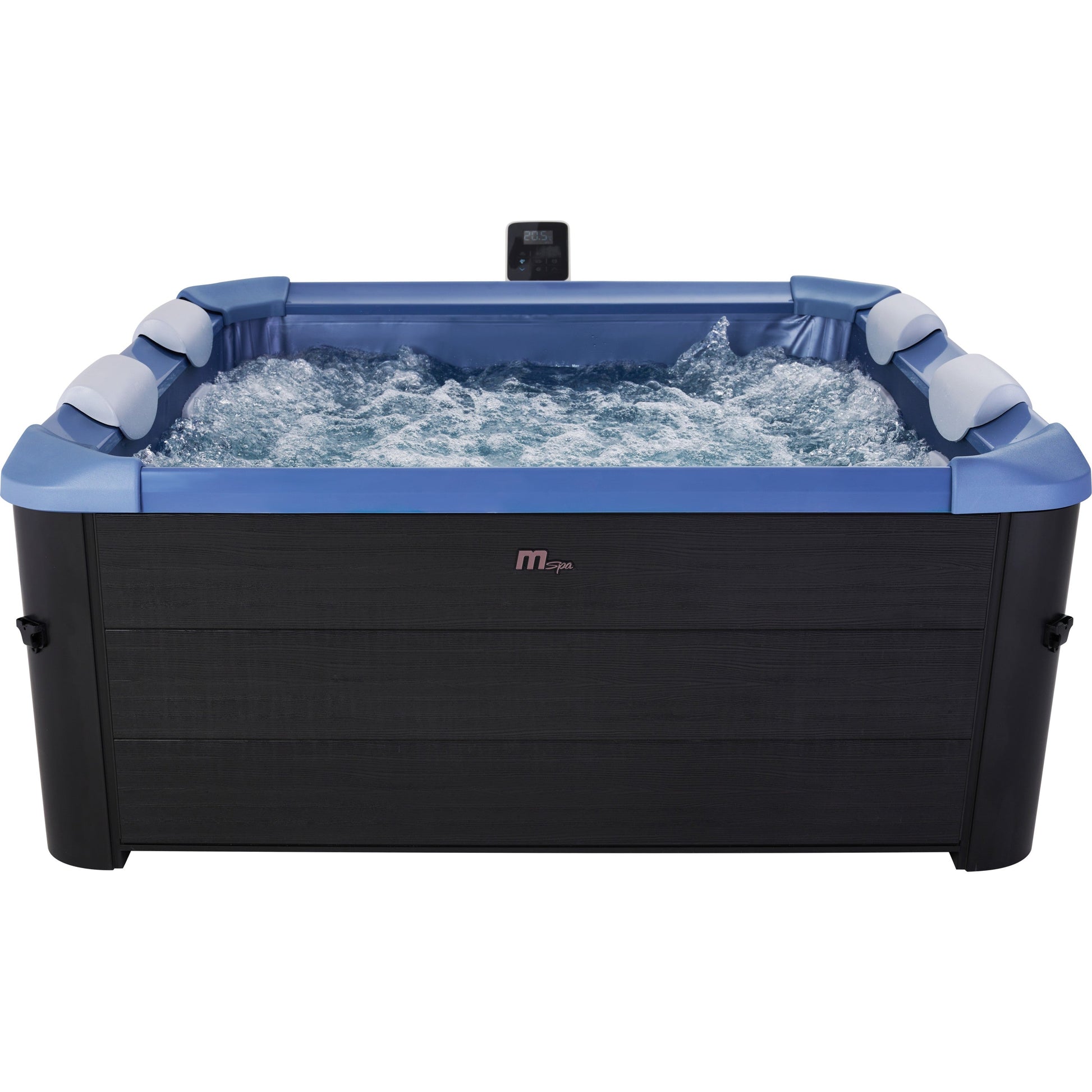 Square portable hard frame hot tub in sapphire blue with black exterior and active bubbling water. - Home Interior Shop - MSpa Oslo 4-6 Person Portable Hard Frame Hot Tub - Sapphire