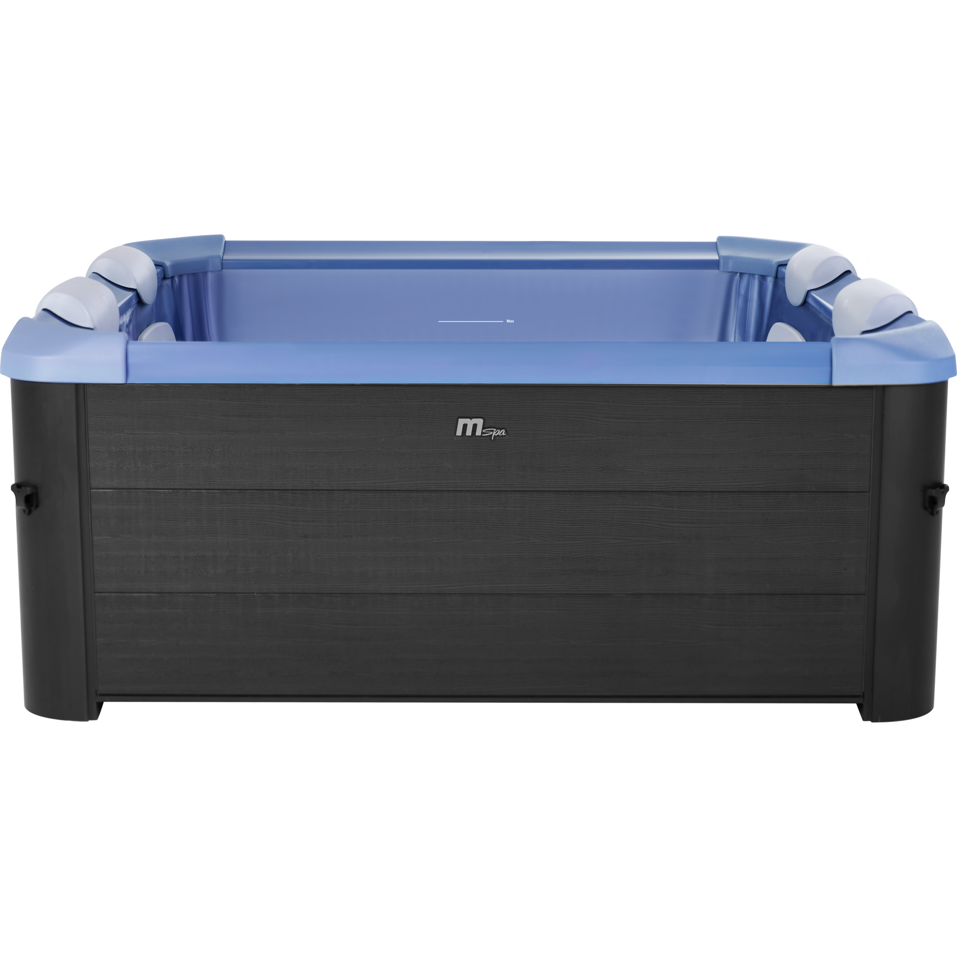 Square sapphire blue portable hard frame hot tub with black exterior and two white headrests on each side. - Home Interior Shop - MSpa Oslo 4-6 Person Portable Hard Frame Hot Tub - Sapphire