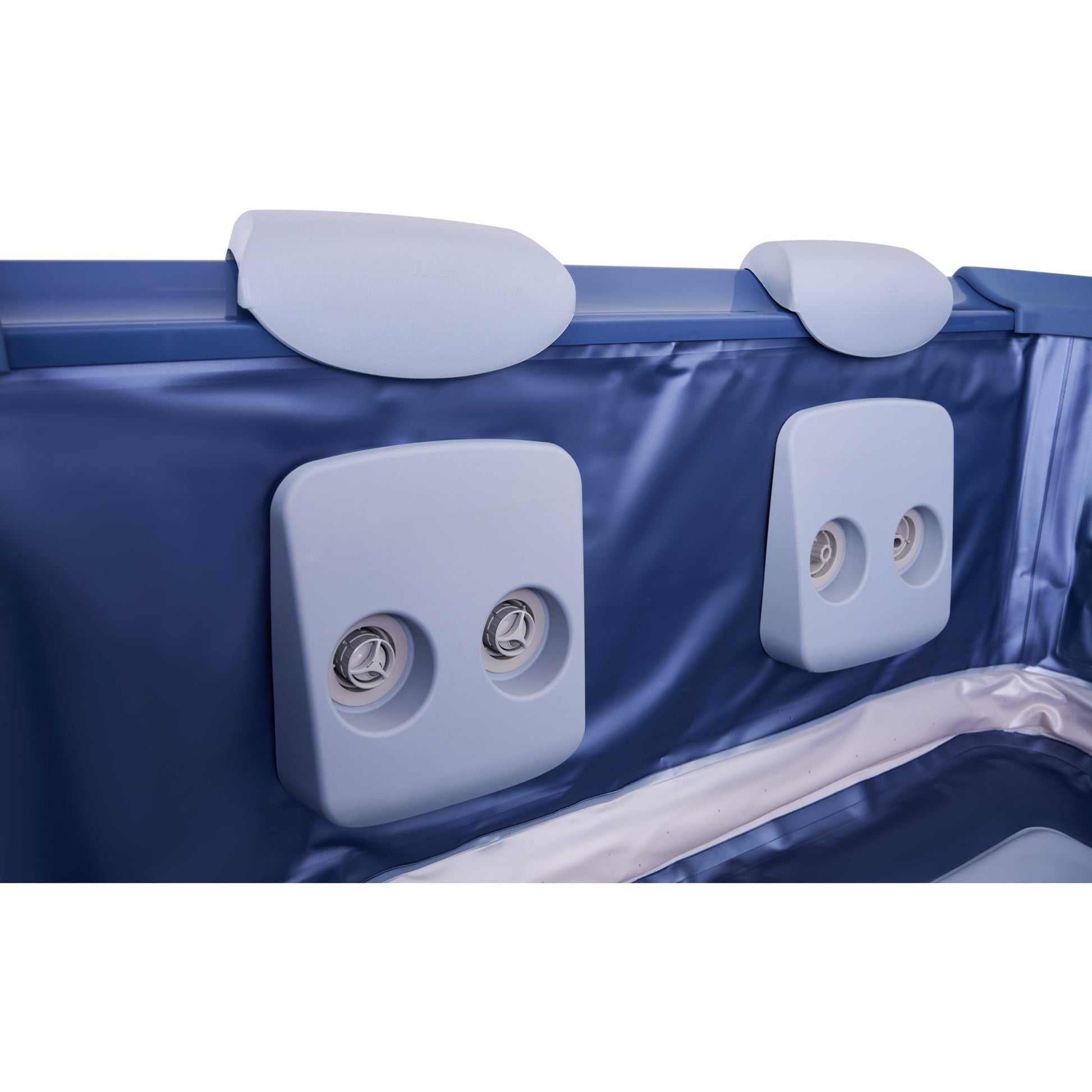 Square sapphire blue portable hard frame hot tub interior with grey headrests and dual round water jets on each side panel. - Home Interior Shop - MSpa Oslo 4-6 Person Portable Hard Frame Hot Tub - Sapphire