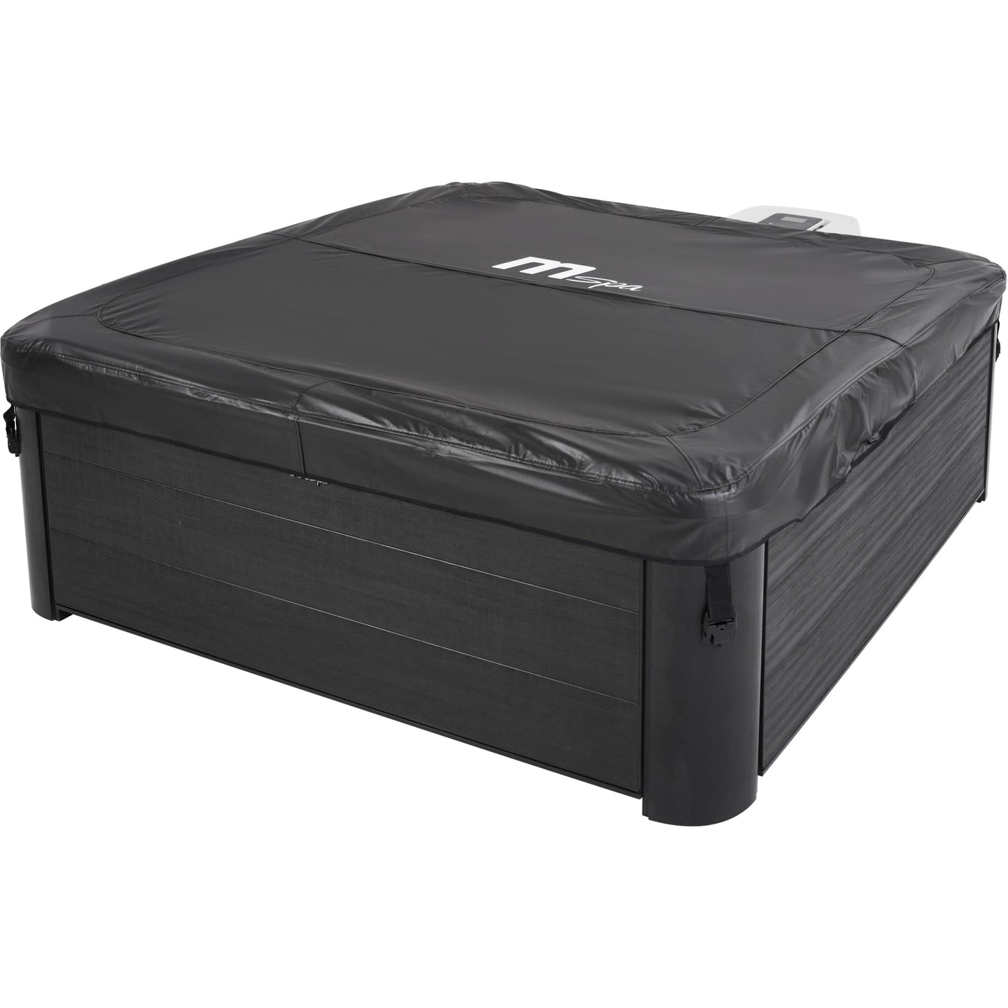 Square portable hard frame hot tub in sapphire blue with black fitted cover and MSpa logo on top. - Home Interior Shop - MSpa Oslo 4-6 Person Portable Hard Frame Hot Tub - Sapphire