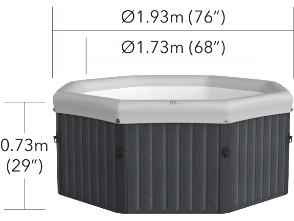 Octagonal portable hot tub with dark gray exterior panels, light gray top rim, and white cushioned interior seating, shown. - Home Interior Shop - MSpa Tuscany 4-6 Person Portable Hard Frame Hot Tub