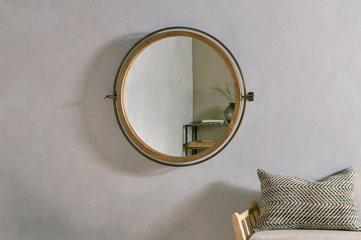 Nkuku Parutti Mango Wood & Iron Round Swivel Mirror Natural