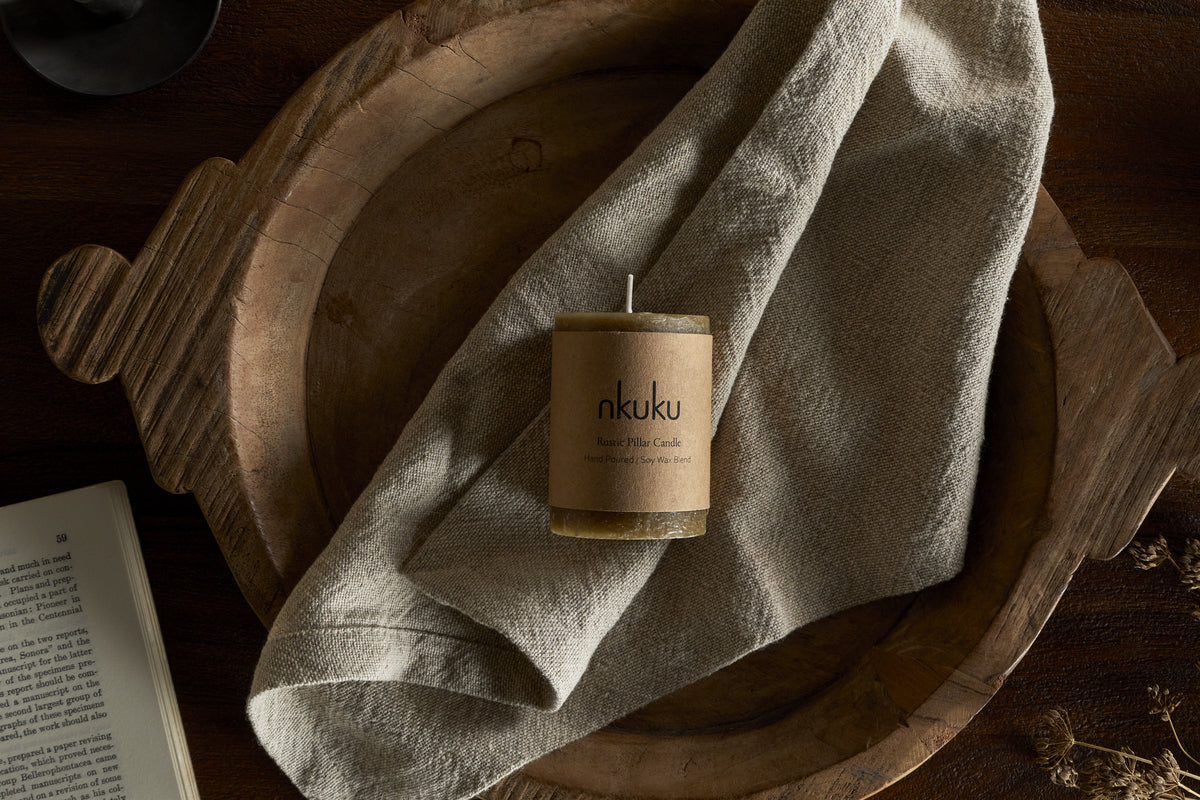 Nkuku Rustic Soy Blend Mini Pillar Candle Olive