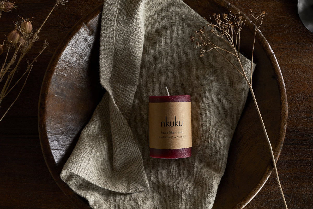 Nkuku Rustic Soy Blend Mini Pillar Candle Dark Cherry