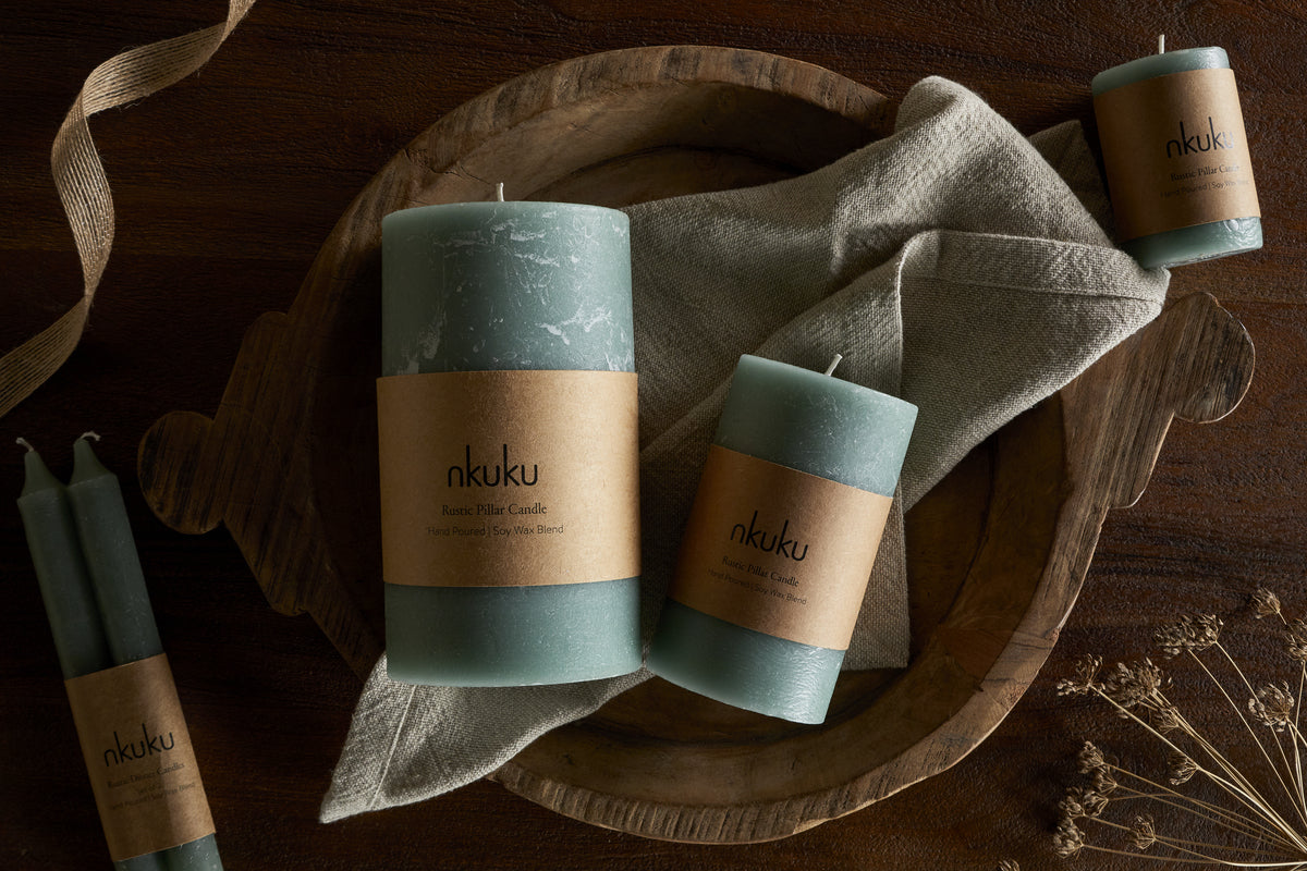 Nkuku Rustic Soy Blend Pillar Candle Sage Green Small
