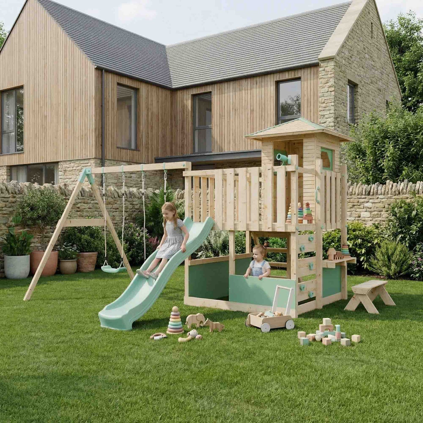 LittleSummit Small Tower Playhouse with Double Swing