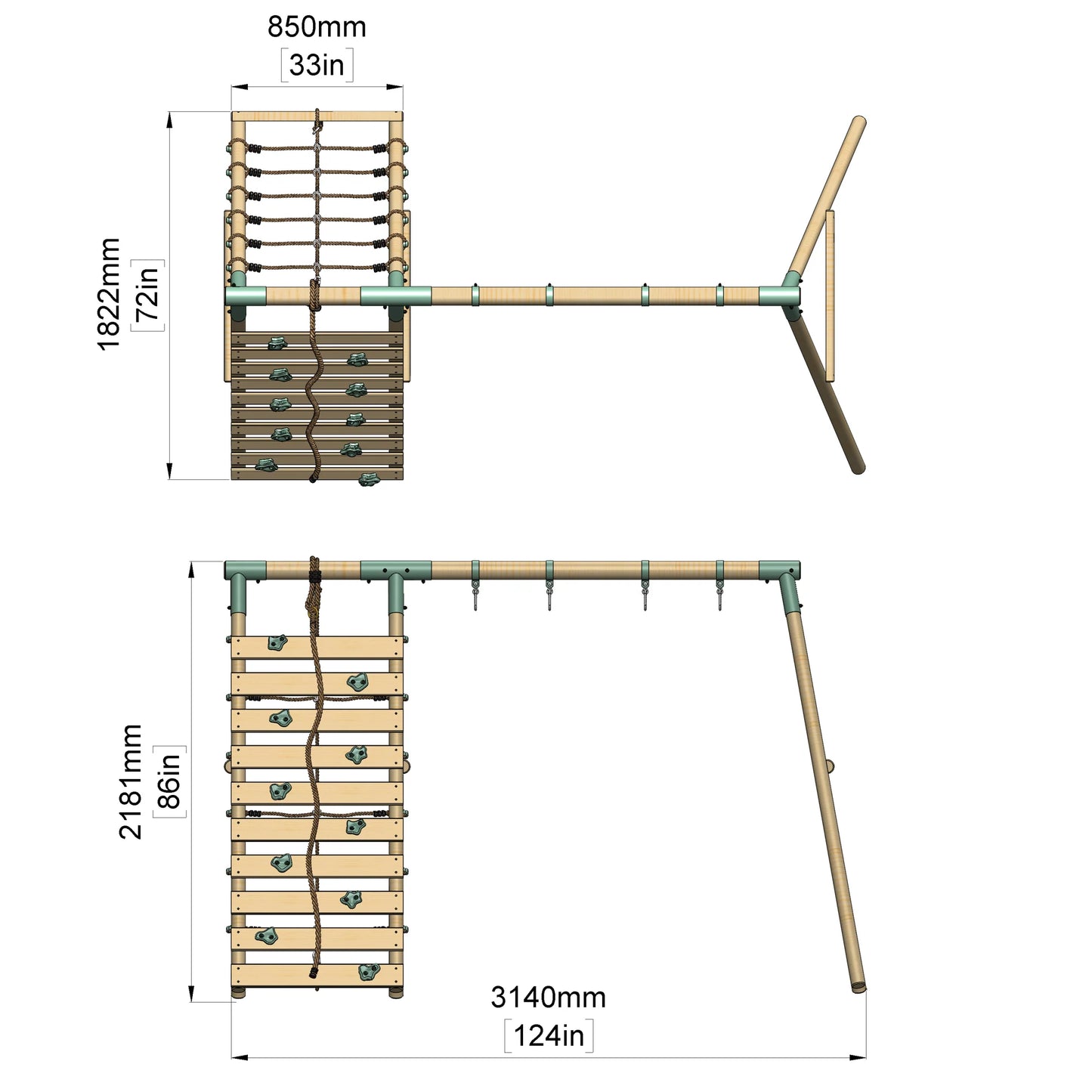 Double Wooden Swing Set With Baby Swing and Climbing Wall - Boulder Brook II