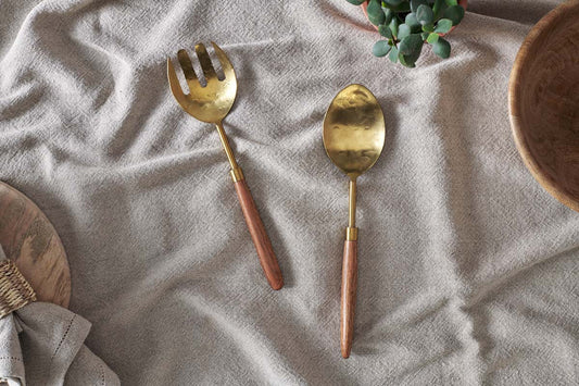 Nkuku Soni Salad Servers Gold & Acacia (Set Of 2)