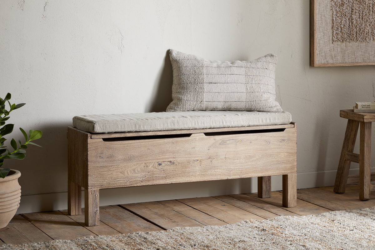 Nkuku Teni Reclaimed Wood Storage Bench With Upholstered Linen Cushion Natural