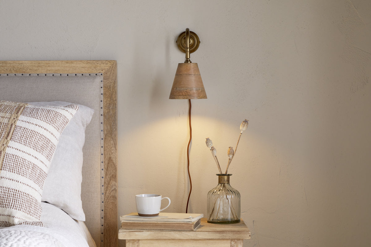 Nkuku Vattu Mango Wood Plug In Wall Lamp Natural & Antique Brass