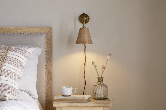 Nkuku Vattu Mango Wood Plug In Wall Lamp Natural & Antique Brass