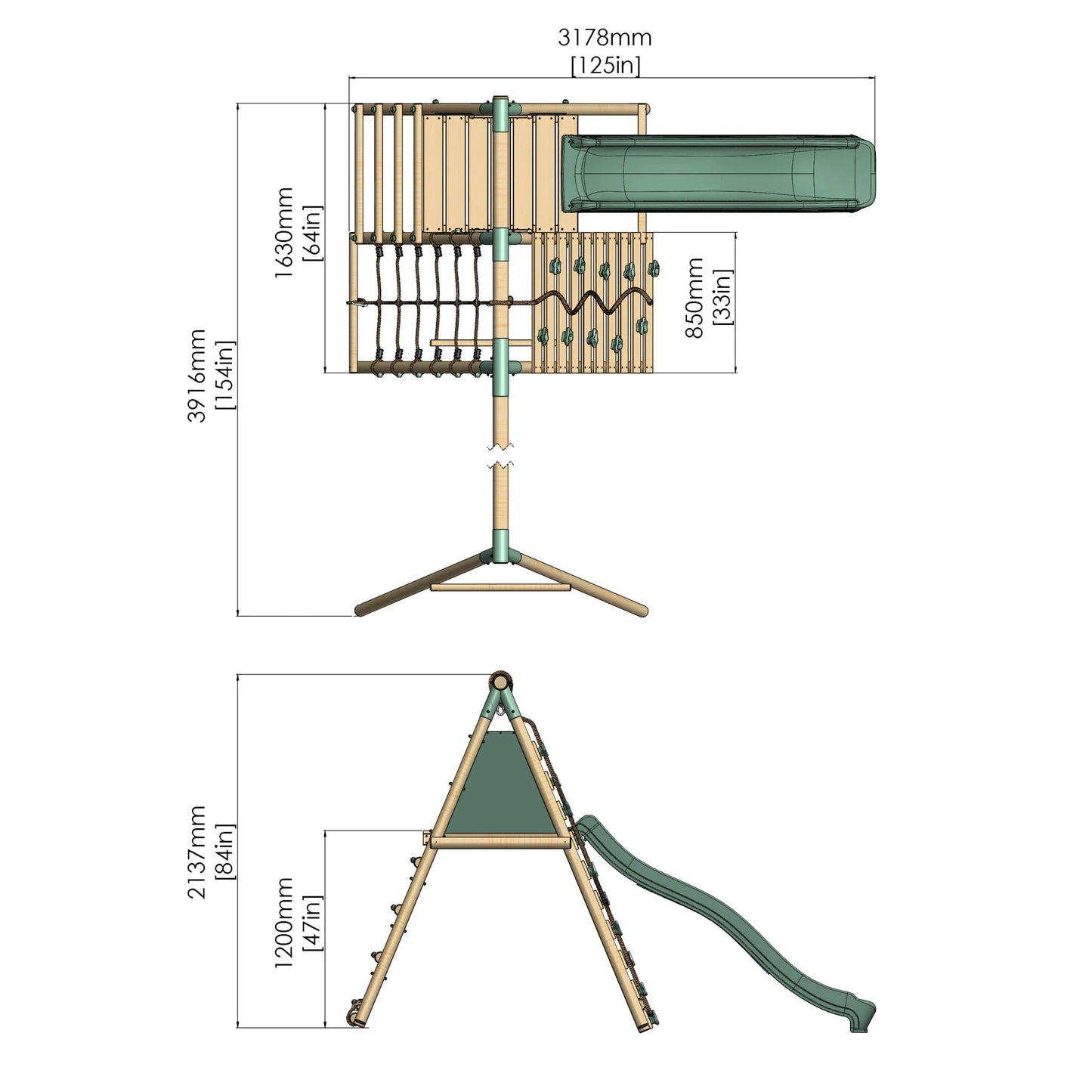 Double Wooden Swing Set with Baby Swing, Climbing Wall and Slide - Stagwood II