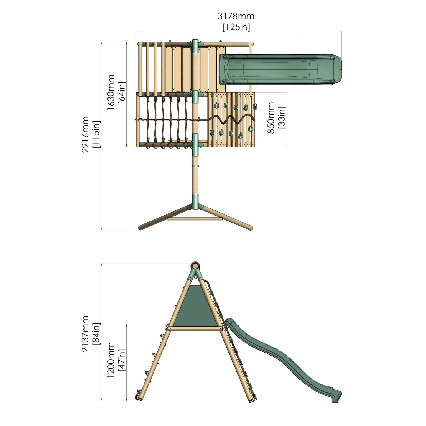 Single Wooden Baby Swing Set with Climbing Wall and Slide - Badger Brook II