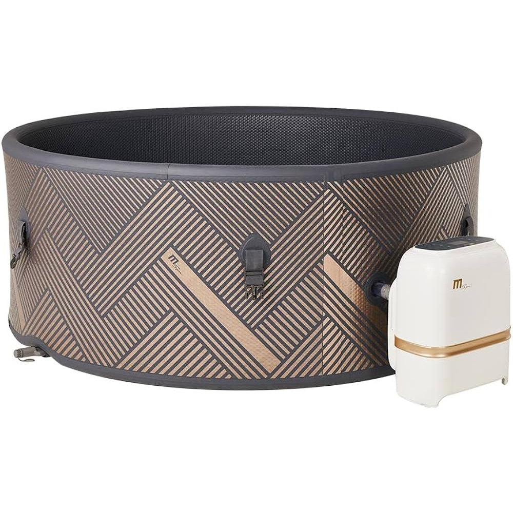 Round inflatable hot tub with brown and beige chevron pattern and attached white control unit with gold band. - Home Interior Shop - MSpa Mono Eco 4-6 Person Inflatable Hot Tub