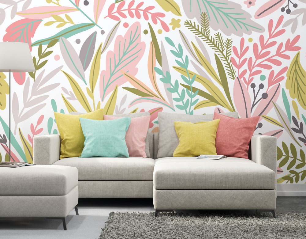 Origin Murals Patterned Leaves Olive Blush 350cm X 280cm