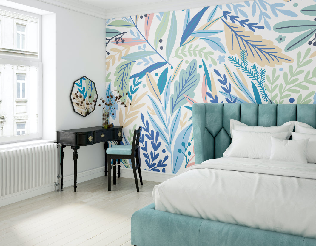 Origin Murals Patterned Leaves Washed Denim 300cm X 240cm
