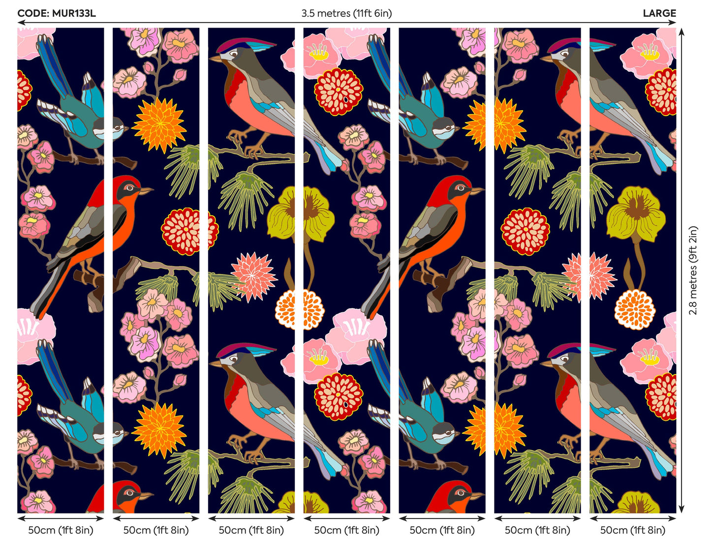 Origin Murals Floral Birds Ink 350cm X 280cm