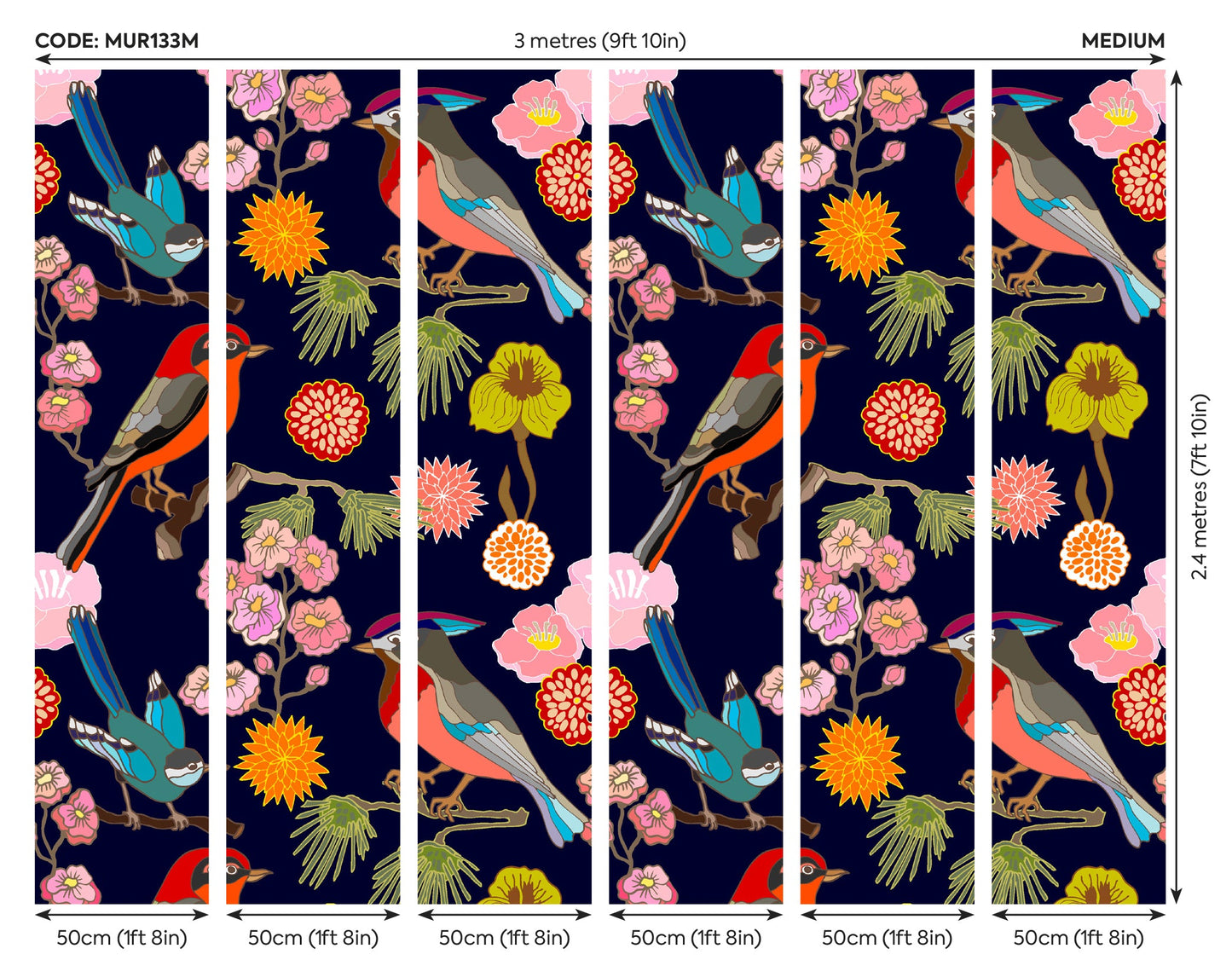 Origin Murals Floral Birds Ink 300cm X 240cm