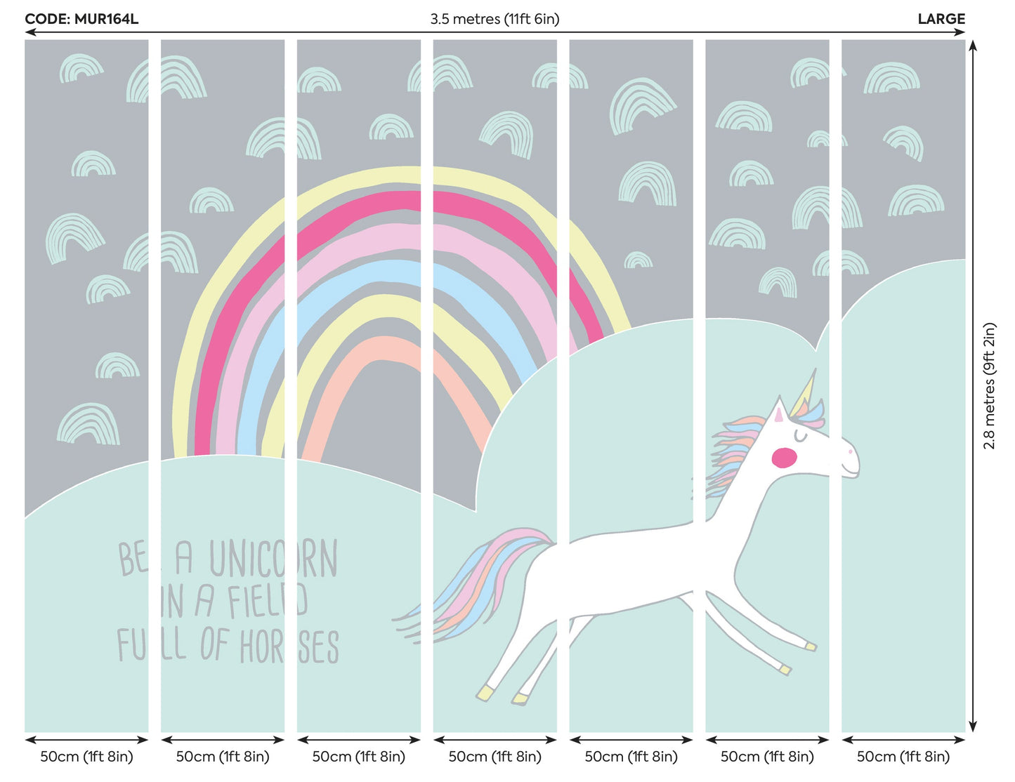 Origin Murals Rainbow Unicorn Mint Grey 350cm X 280cm